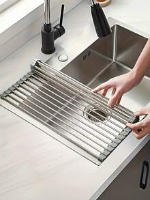 Roll Up Dish Drying Rack Over The Sink, Stainless Steel Foldable Rollable Multipurpose Dish Drainer, Space Saving Rust Resistant Heavy Duty Non-Slip, Easy To Clean, For Small Kitchen, Apartment, RV, Kitchen Essentials, Home Storage - Multicolor - View 2