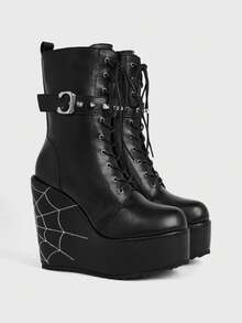 Sugerpunk Women's Thick-Soled Thick-Heeled Mid-Boots, Punk-Style Goth-Style Rivet Straps, Spider Web Embroidery, Thick-Soled Wedge-Heeled Sub-Culture Mid-Boots, Fall Boots - Black - View 10