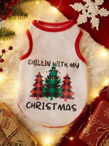 PETSIN 1pc Christmas Pet Vest, Eye-Catching Red And Green Checkered Christmas Tree Print, Breathable And Skin Friendly Printed Pet Vest With Red Border Contrasting Design - Multicolor - View 10