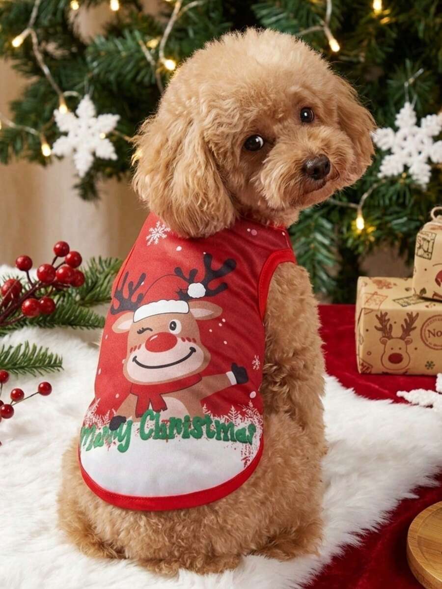 PETSIN 1件裝聖誕雪花麋鹿紅底配色寵物背心,親膚透氣無袖寵物背心 - 彩色 - 查看 1