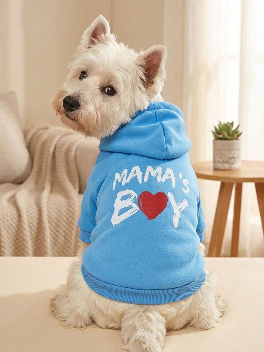 PETSIN 1件 MAMA's BOY 紅色愛心字母圖案印花寵物連帽衫 藍色柔軟舒適保暖寵物衣 - 彩色 - 查看 1