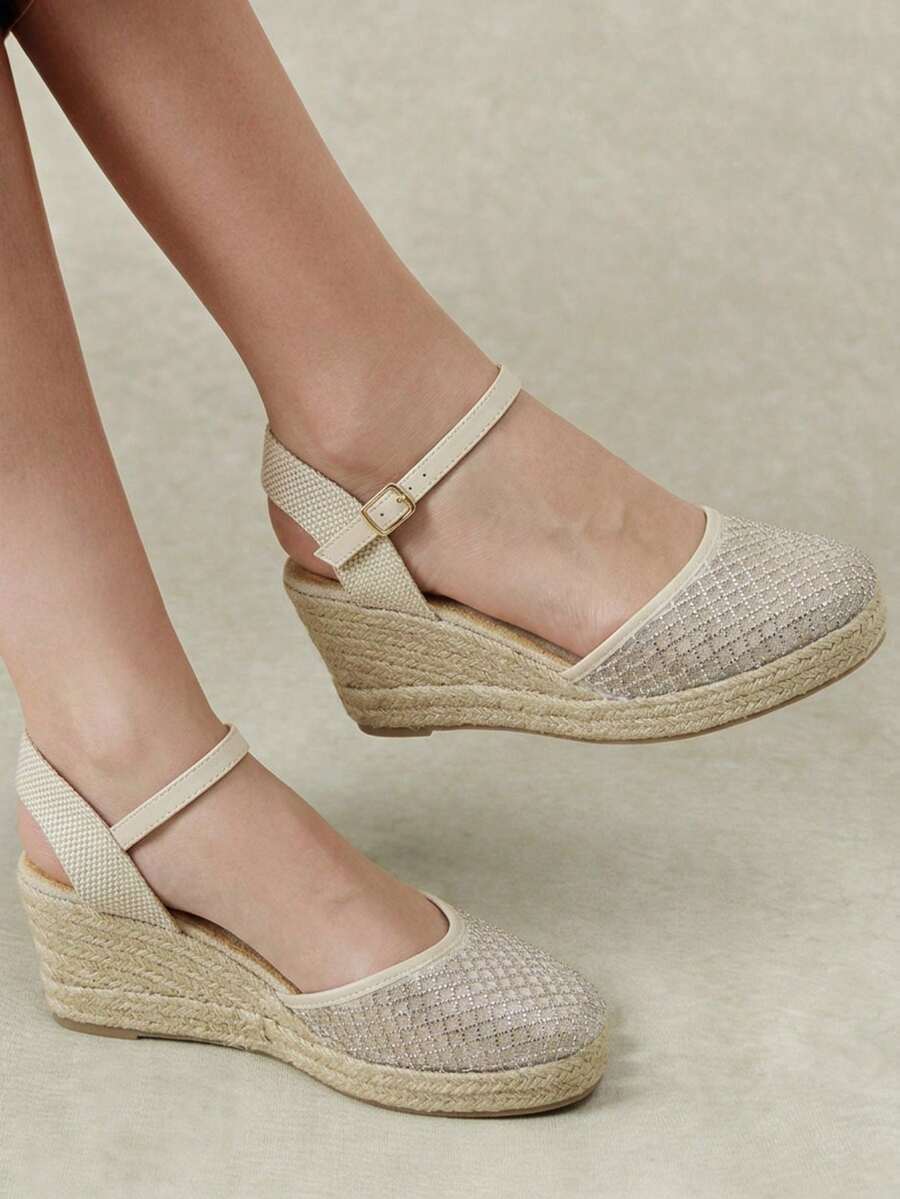 Styleloop Women's Shoes Slope Heel Thick Sole Round Toe Rhinestone Spring And Summer Beach Vacation Style Shoes Fall Shoes - Apricot - View 1