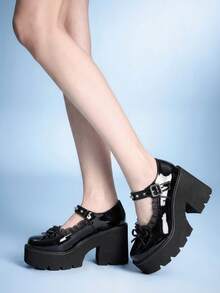 Sugerpunk Sepatu Wanita Modis Hak Miring Platform, Gaya Punk Gothic Gelap dengan Hiasan Pita dan Inlay Rivet, Pita - karbon hitam - View 3