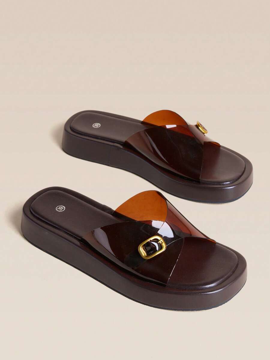 HighSole Transparent Broadband Metal Buckle Slippers Open-Toe Thick Bottom Minimalist Casual Holiday Slippers - Coffee Brown - View 1