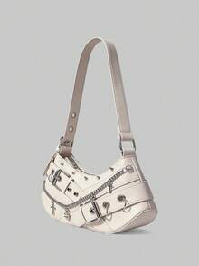ROMWE 1 Piece Sweet And Cool Punk Underarm Bag Female, Cross Chain Rivet Decorative PU Bag, Millennium Y2K Spice Girl Crescent Shoulder Bag - White - View 2