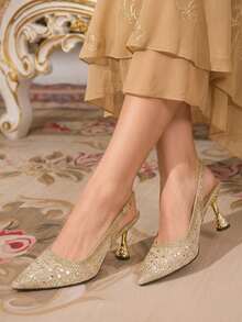 CUCCOO TILAWA Gold Matte Mesh Sparkling Elegant Sexy Pointed Women's High Heels - Rear Buckle Strap Exquisite And Stylish Design, Using Design Stiletto Women - Gold - View 5