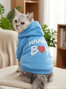 PETSIN 1件 MAMA's BOY 紅色愛心字母圖案印花寵物連帽衫 藍色柔軟舒適保暖寵物衣 - 彩色 - 查看 5