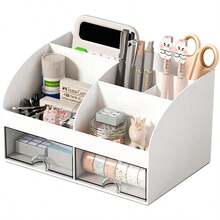 1pc Desktop Organizer With 6 Compartments And 2 Drawers, Plastic Character Organizer, Desktop Pen Holder, Suitable For School, Home, Office Supplies - Multicolor - View 9