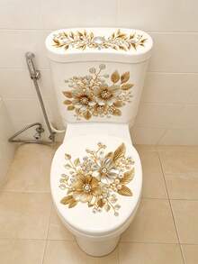 1 Set Gold Floral Toilet Stickers With Pearl & Rhinestone, Self-Adhesive Vinyl Decals, Elegant Flower Design For Toilet Tank, Lid & Body, Bathroom Decor, Easy To Apply - Gold - View 2