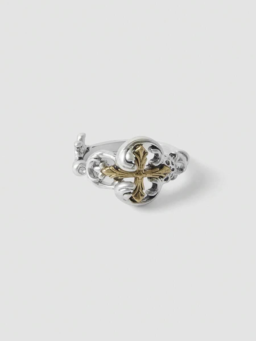 MortiRose Two Tone Cross Vintage Gothic Personalized Ring - Silver - View 1