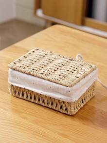 Handwoven Desktop Storage Basket With Liner Boho Home Decor Fall Autumn Organizer For Office Supplies Counter Toys Cosmetics Natural Grass Rope Rustic Farmhouse Style - coffee color - View 2