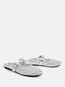 CUCCOO TILAWA Stylish And Elegant, Sparkling Rhinestone Mesh Mary Jane Mules Flats, Round Toe Sandals With Adjustable Buckle - Silver - View 9