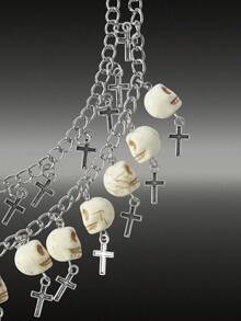 MortiRose Kalung Salib Tengkorak Gaya Gotik, Kalung Choker Rantai Berlapis dengan Manik-Manik Kerangka, Perhiasan Punk Y2K Halloween - Putih - View 4