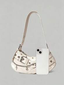 ROMWE 1 Piece Sweet And Cool Punk Underarm Bag Female, Cross Chain Rivet Decorative PU Bag, Millennium Y2K Spice Girl Crescent Shoulder Bag - White - View 3