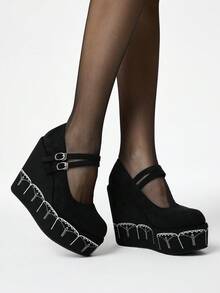 ROMWE Women's Punk Gothic Dark Embroidery Round Toe Wedge Heel Platform Pumps Party Halloween - Black - View 1