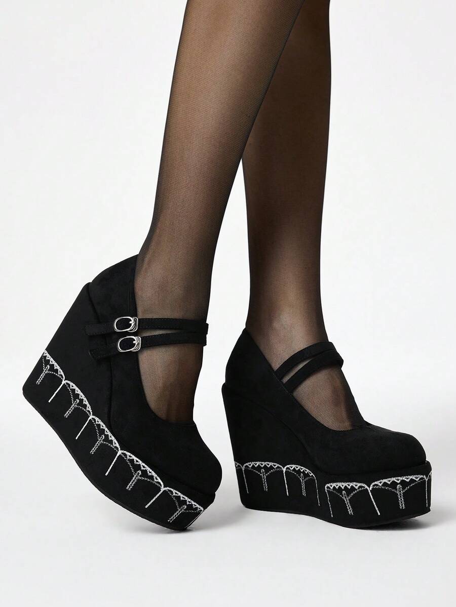 ROMWE Women's Punk Gothic Dark Embroidery Round Toe Wedge Heel Platform Pumps Party Halloween - Black - View 1