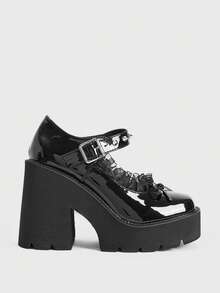 Sugerpunk Sepatu Wanita Modis Hak Miring Platform, Gaya Punk Gothic Gelap dengan Hiasan Pita dan Inlay Rivet, Pita - karbon hitam - View 2