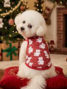 PETSIN 1pc Cute Christmas Bear Print Pet Vest In Bright Red - Multicolor - View 1