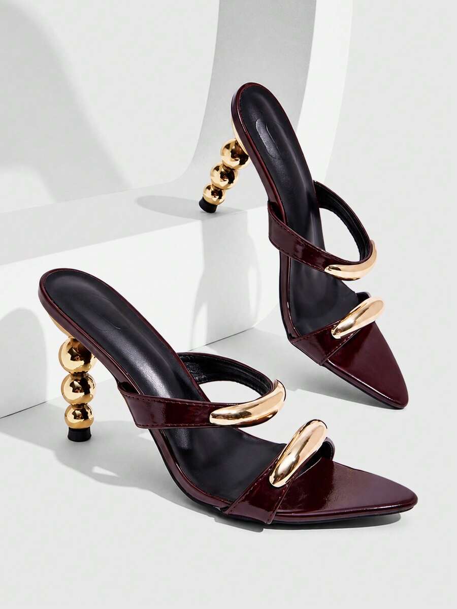 CUCCOO SZL Women's High-Heeled Sandals With Metal Buckles, Special-Shaped Heel, Fashion Party Dinner, Pointed Simple Slip-On High-Heeled Sandals - Burgundy - View 1
