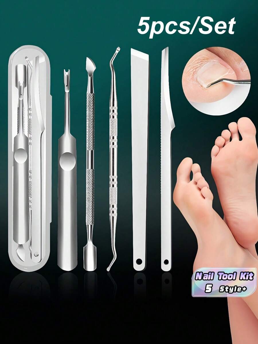 5pcs/Set Stainless Steel Cuticle Pusher Remover Nipper Trimmer Professional Nail Tool Kit Salon Home Use Manicure Pedicure Essentials At Home Nail Care Tools - silver - View 1