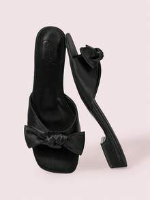 CUCCOO DOLLMOD Black Ribbon Bow Low Heel Shoes - Square Toe Slippers For Parties, Weddings Or Bridal Dress-Up Occasions - Black - View 2