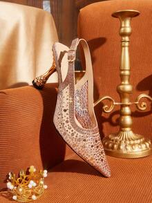 CUCCOO TILAWA Champagne Matte Mesh Sparkling Elegant Sexy Pointed Women's High Heels - Back Buckle Strap Exquisite And Stylish Design, Using Design Stiletto Women Fall Shoes - Champagne - View 5