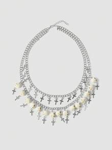 MortiRose Kalung Salib Tengkorak Gaya Gotik, Kalung Choker Rantai Berlapis dengan Manik-Manik Kerangka, Perhiasan Punk Y2K Halloween - Putih - View 2