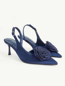 CUCCOO CHICEST Dark Blue Satin Three-Dimensional Rose Stilettos, Women's Pointed Toes, Slingbacks - dark blue - View 2