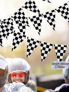 3Pcs Black & White Checkered Bunting Banner - Racing Flag Triangle Pennant For Retro Car Party, Birthday, Event, Sports Theme Decor - View 1