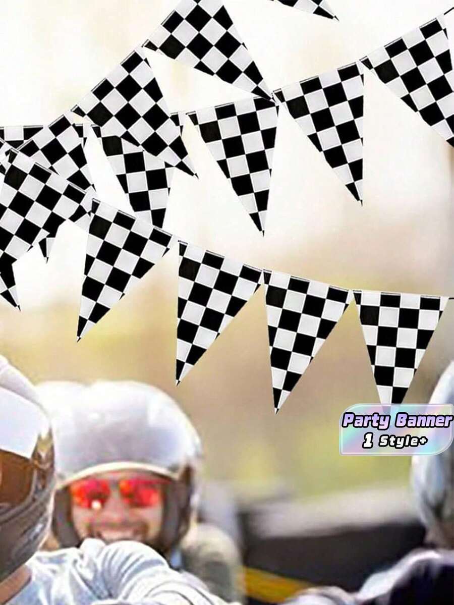 3Pcs Black & White Checkered Bunting Banner - Racing Flag Triangle Pennant For Retro Car Party, Birthday, Event, Sports Theme Decor - View 1