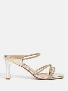 CUCCOO TILAWA Ladies Fashion Square Toe Rhinestone Decorative Elegant High Heel Sandals, Gold, Spring/Summer Shoes - Gold - View 3