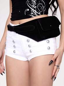 ROMWE Grunge Punk Y2K 龐克風機能雙口袋腰包，深色龐克 PU 腰包，街頭多口袋工具腰包 - 黑色雙口袋 - 查看 4