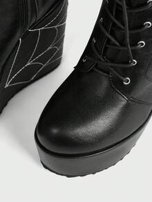 Sugerpunk Women's Thick-Soled Thick-Heeled Mid-Boots, Punk-Style Goth-Style Rivet Straps, Spider Web Embroidery, Thick-Soled Wedge-Heeled Sub-Culture Mid-Boots, Fall Boots - Black - View 8