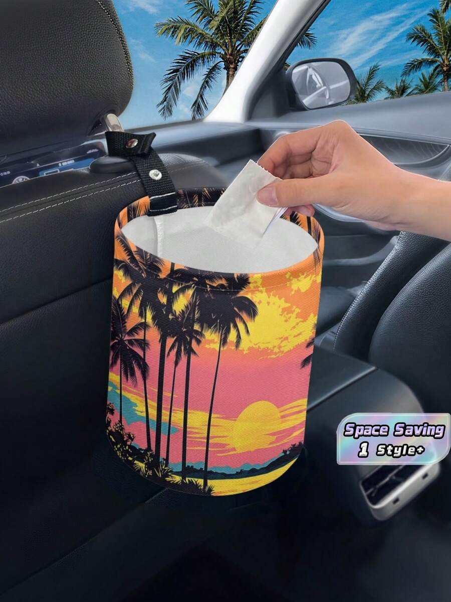 1PC Compact Durable Hanging Adjustable Strap Hawaiian Sunset Palm Tree Print Car Trash Can Storage Bag For Car Seat Back Rear Road Trip Summer Vacation Interior Decor Auto Accessories - Multicolor - View 1