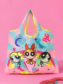 THE POWERPUFF GIRLS X SHEIN 卡通女孩印花可折疊購物托特包，大容量手提包，可折疊設計，適合日常購物、上學通勤 - 彩色 - 查看 2