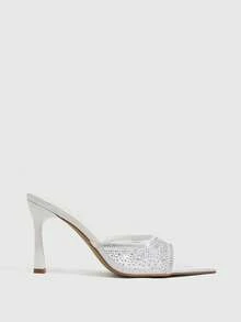CUCCOO SZL Women's Pointed Toe High Heel Shoes, Rhinestone Decor Mesh Material, Fashion Comfortable For Daily, Party, Banquet, Slip-On Backless Sandals - Sardine, white - View 6