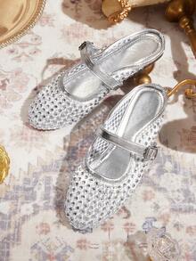 CUCCOO TILAWA Stylish And Elegant, Sparkling Rhinestone Mesh Mary Jane Mules Flats, Round Toe Sandals With Adjustable Buckle - Silver - View 1