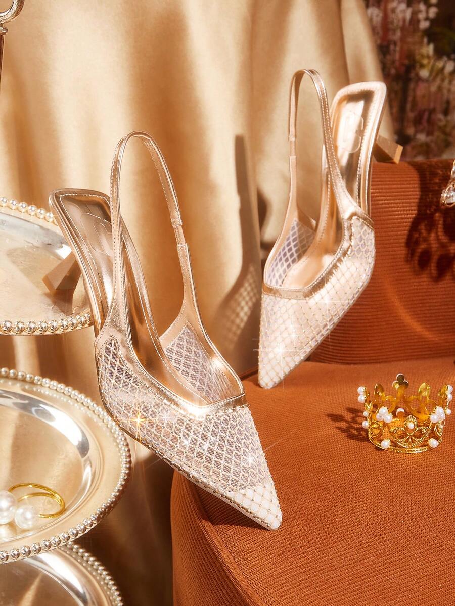 CUCCOO TILAWA Ladies Pointed Square Mouth Wine Glass Lacquered Square And Flat Net Hot Rhinestones. Slingback Shoes, Romantic And Sexy. Four Seasons Festival - Champagne - View 1