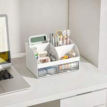 1pc Desktop Organizer With 6 Compartments And 2 Drawers, Plastic Character Organizer, Desktop Pen Holder, Suitable For School, Home, Office Supplies - Multicolor - View 6