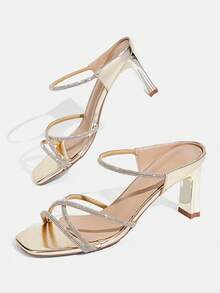 CUCCOO TILAWA Ladies Fashion Square Toe Rhinestone Decorative Elegant High Heel Sandals, Gold, Spring/Summer Shoes - Gold - View 5