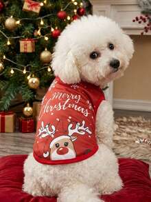 PETSIN 1pc Pet Christmas Reindeer & Snowflake Pattern Breathable Lightweight Dog Vest, Red - Multicolor - View 4