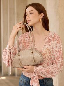 MOTF WOMEN'S FASHION RETRO APRICOT CROCODILE PATTERN SHOULDER BAG, SIMPLE AND CHIC HALF-MOON BAG, FOR DAILY, COMMUTING, SHOPPING, TRAVEL, FESTIVALS - Apricot - View 7