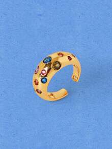 Popjeli Polished Gold Wide Version Ring, Multi-Color Round Rainbow Crystal Inlaid Thick Exaggerated Ring - Gold - Colored Diamonds - View 3