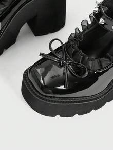 Sugerpunk Sepatu Wanita Modis Hak Miring Platform, Gaya Punk Gothic Gelap dengan Hiasan Pita dan Inlay Rivet, Pita - karbon hitam - View 4
