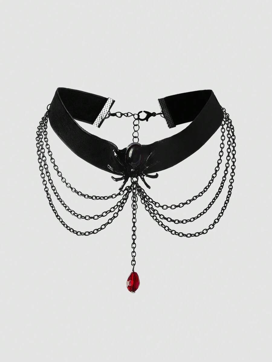 MortiRose Spider Choker Necklace With Red Crystal Drop Layered Chain Velvet Collar Y2K Punk Jewelry - Black - View 1