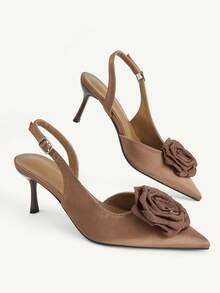 CUCCOO CHICEST Brown Satin Three-Dimensional Rose Back Stilettos, Women's Pointed Toes, Slingbacks - Brown - View 5