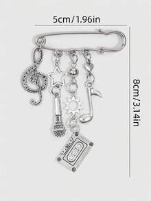 ROMWE Y2K Rock Music Style Silver Retro Fringed Brooch, Clothes Bag Accessories, Tape Microphone Notes Stars Sun Pendant, - Silver - View 3