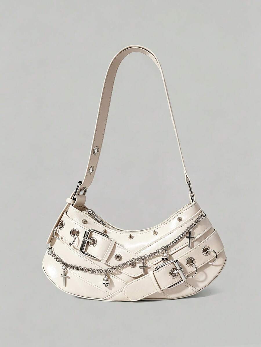 ROMWE 1 Piece Sweet And Cool Punk Underarm Bag Female, Cross Chain Rivet Decorative PU Bag, Millennium Y2K Spice Girl Crescent Shoulder Bag - White - View 1