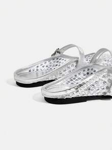 CUCCOO TILAWA Stylish And Elegant, Sparkling Rhinestone Mesh Mary Jane Mules Flats, Round Toe Sandals With Adjustable Buckle - Silver - View 10