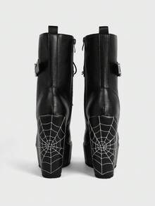 Sugerpunk Women's Thick-Soled Thick-Heeled Mid-Boots, Punk-Style Goth-Style Rivet Straps, Spider Web Embroidery, Thick-Soled Wedge-Heeled Sub-Culture Mid-Boots, Fall Boots - Black - View 7